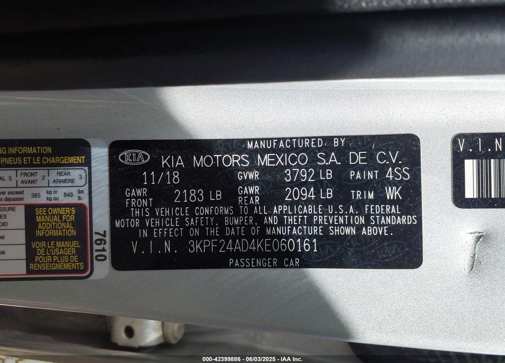 2019 KIA FORTE LXS VIN: 3KPF24AD4KE060161