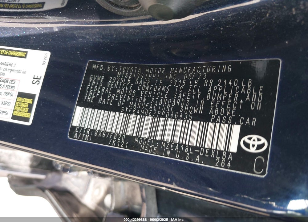 2023 TOYOTA COROLLA VIN: 5YFB4MDE7PP046435