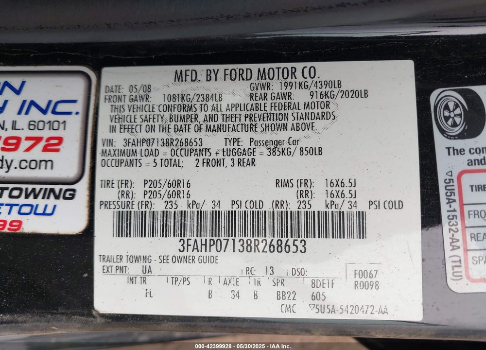 2008 FORD FUSION SE VIN: 3FAHP07138R268653