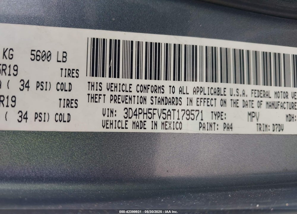 2010 DODGE JOURNEY VIN: 3D4PH5FV5AT179571