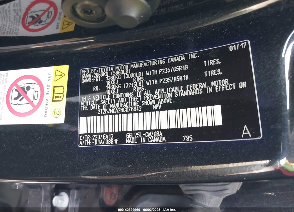 2017 LEXUS RX VIN: 2T2BZMCA2HC076942