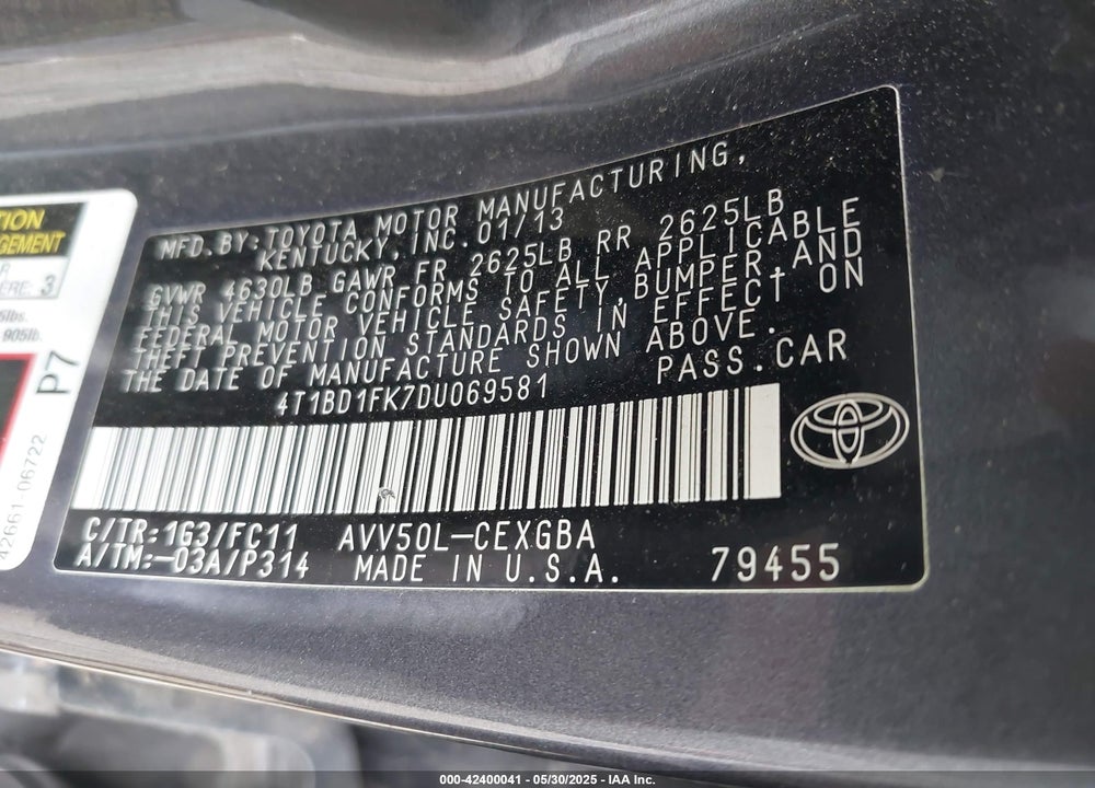 2013 TOYOTA CAMRY HYBRID VIN: 4T1BD1FK7DU069581