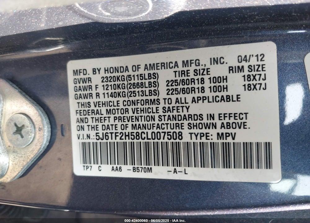 2012 HONDA CROSSTOUR VIN: 5J6TF2H58CL007508