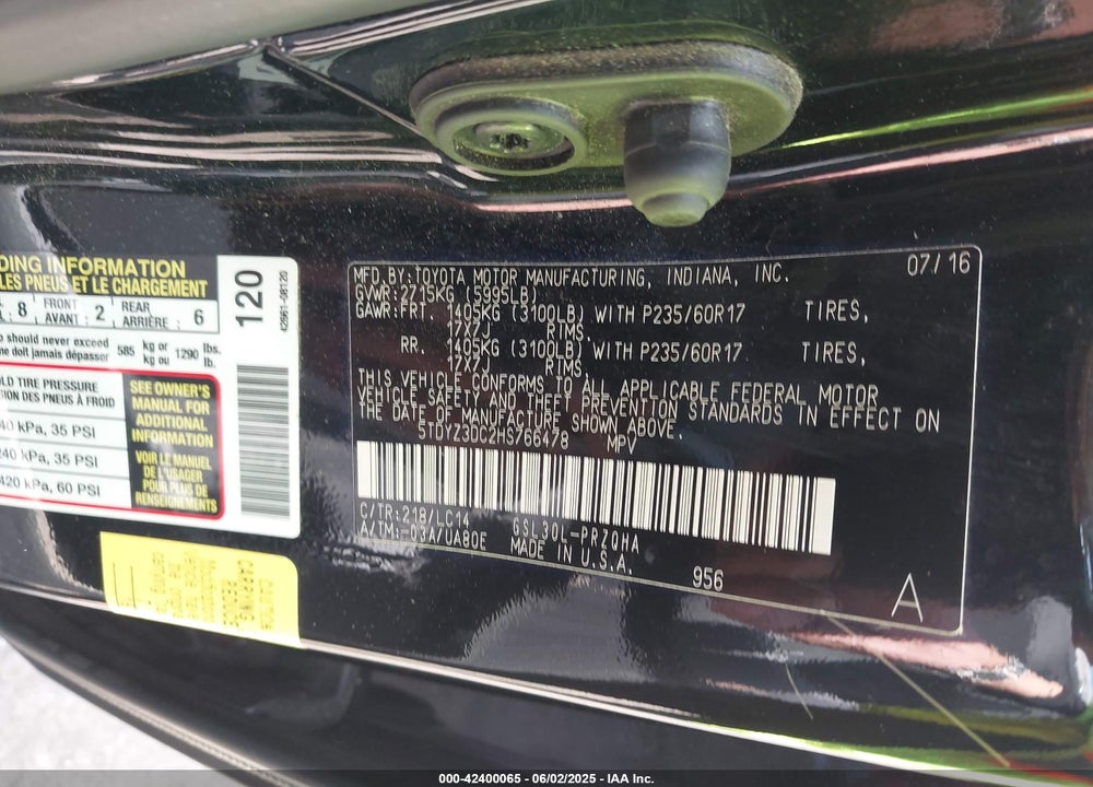 2017 TOYOTA SIENNA VIN: 5TDYZ3DC2HS766478