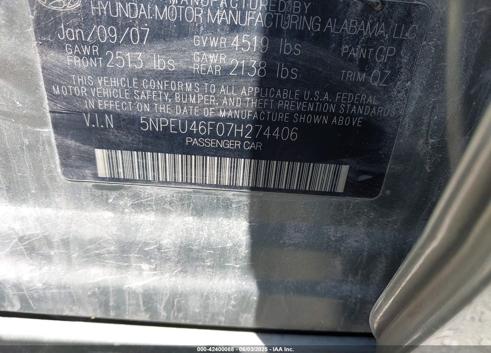 2007 HYUNDAI SONATA LIMITED/SE V6 VIN: 5NPEU46F07H274406
