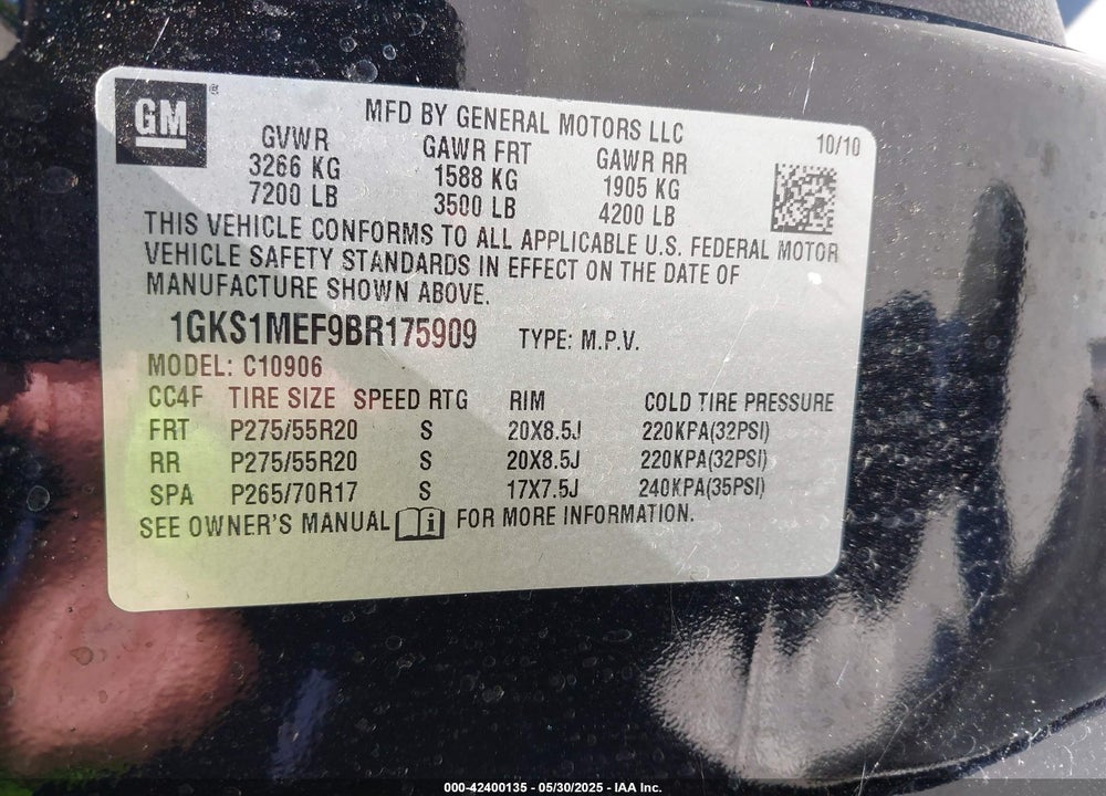 2011 GMC YUKON XL 1500 VIN: 1GKS1MEF9BR175909