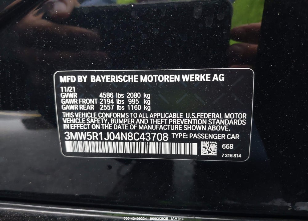 2022 BMW 330I VIN: 3MW5R1J04N8C43708