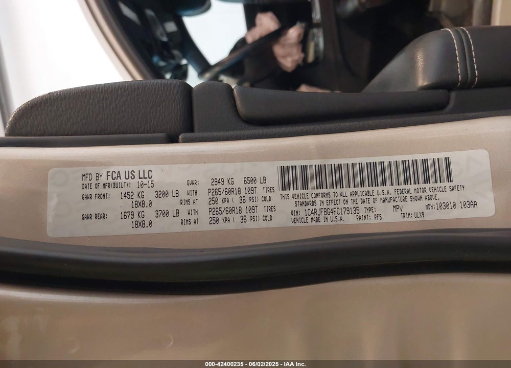 2015 JEEP GRAND CHEROKEE VIN: 1C4RJFBG4FC179135