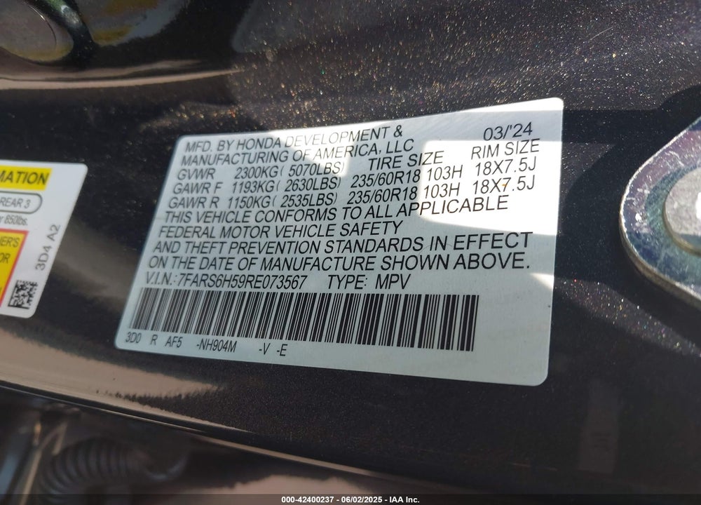 2024 HONDA CR-V VIN: 7FARS6H59RE073567