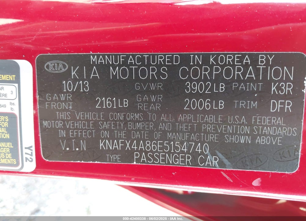 2014 KIA FORTE VIN: KNAFX4A86E5154740
