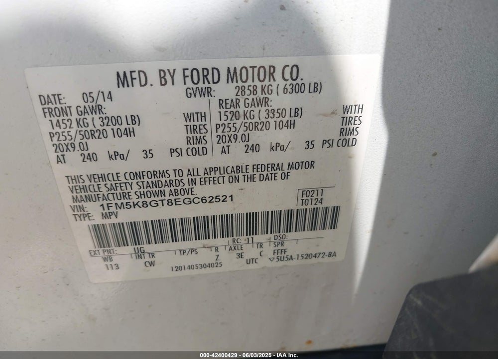 2014 FORD EXPLORER VIN: 1FM5K8GT8EGC62521