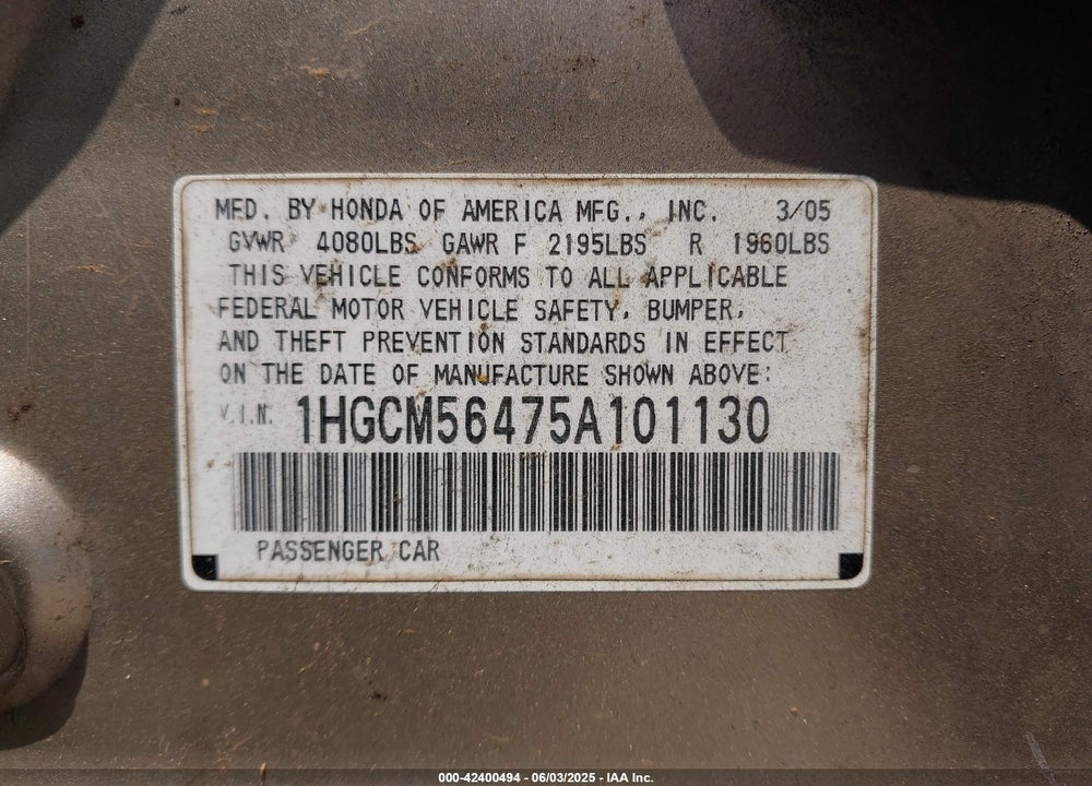 2005 HONDA ACCORD 2.4 LX VIN: 1HGCM56475A101130