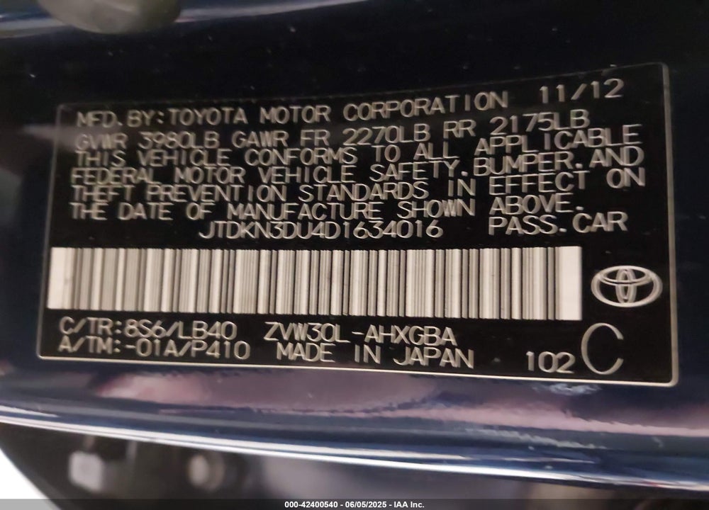 2013 TOYOTA PRIUS VIN: JTDKN3DU4D1634016
