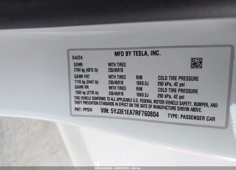 2024 TESLA MODEL 3 VIN: 5YJ3E1EA7RF760804