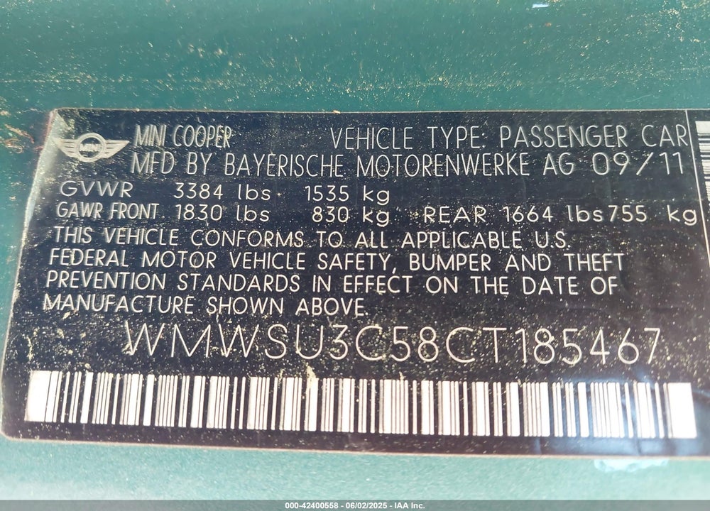 2012 MINI COOPER VIN: WMWSU3C58CT185467