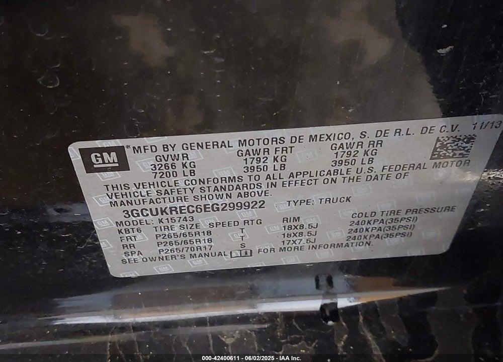2014 CHEVROLET SILVERADO 1500 2LT VIN: 3GCUKREC6EG299922