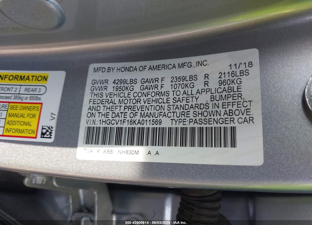 2019 HONDA ACCORD VIN: 1HGCV1F16KA011569