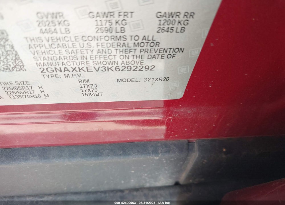 2019 CHEVROLET EQUINOX VIN: 2GNAXKEV3K6292292
