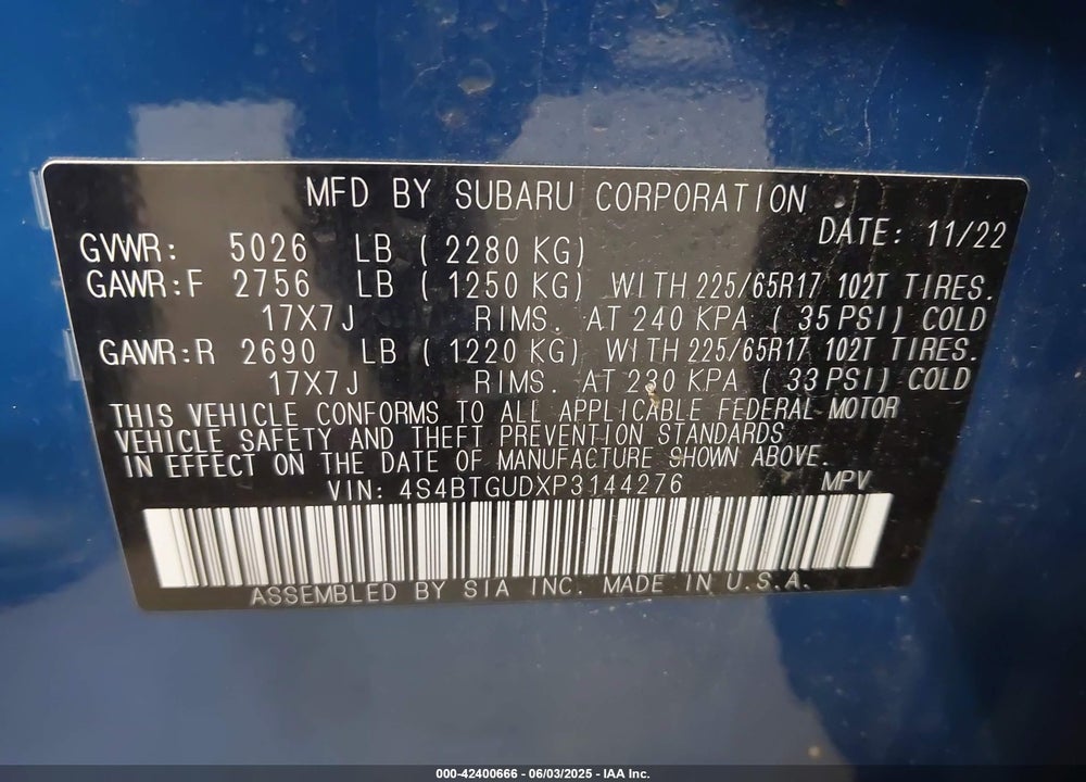2023 SUBARU OUTBACK WILDERNESS VIN: 4S4BTGUDXP3144276