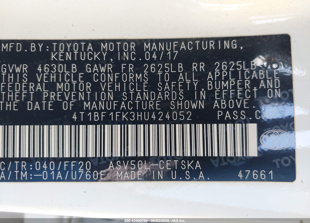 2017 TOYOTA CAMRY VIN: 4T1BF1FK3HU424052