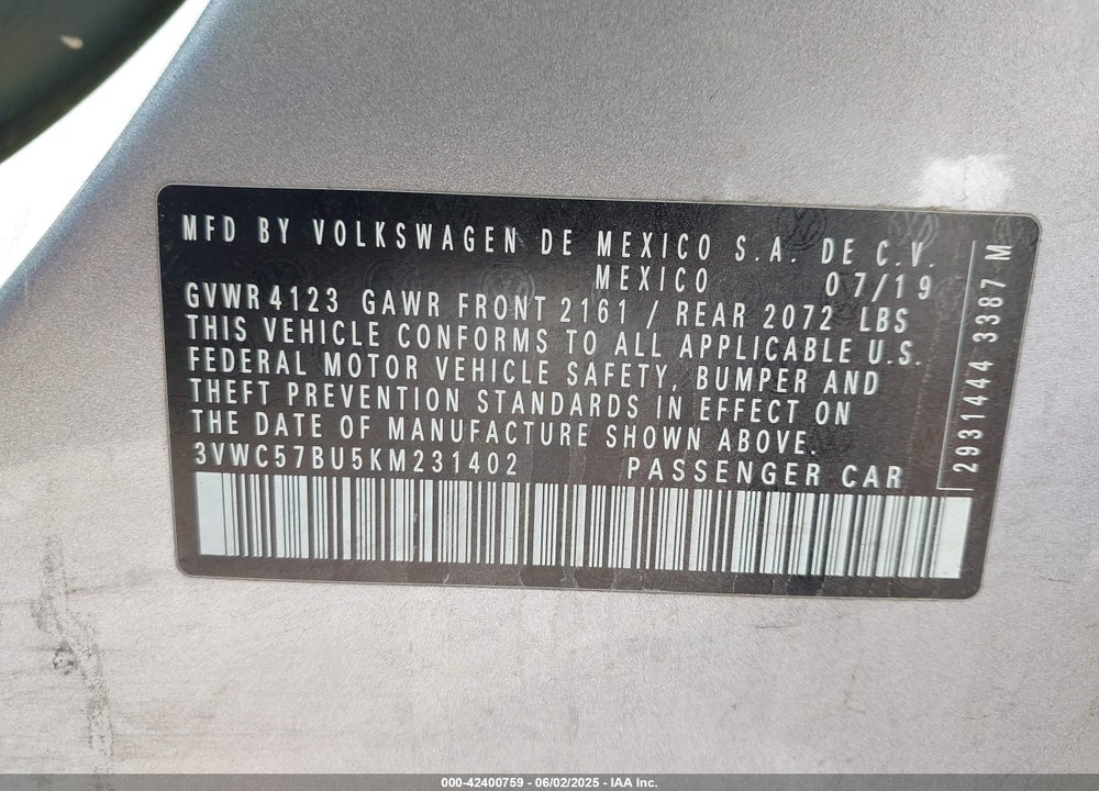 2019 VOLKSWAGEN JETTA VIN: 3VWC57BU5KM231402