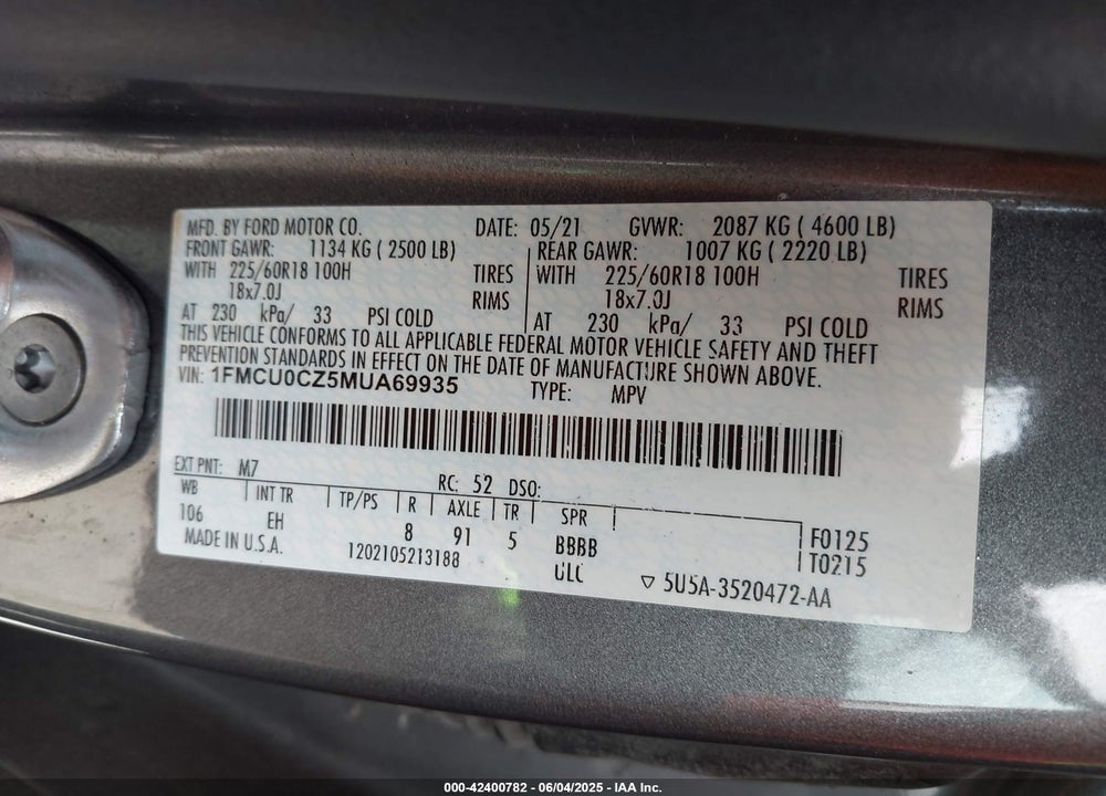 2021 FORD ESCAPE VIN: 1FMCU0CZ5MUA69935