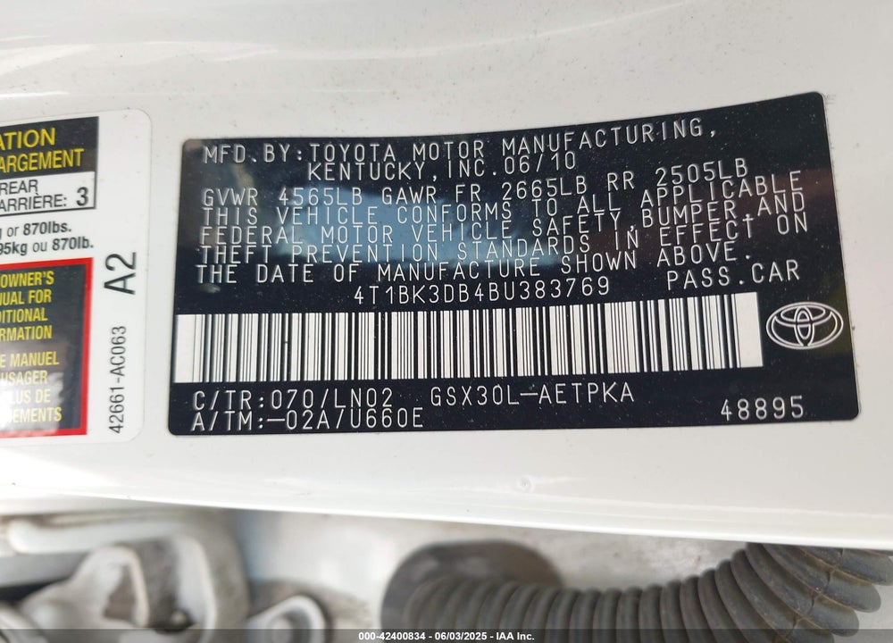 2011 TOYOTA AVALON VIN: 4T1BK3DB4BU383769
