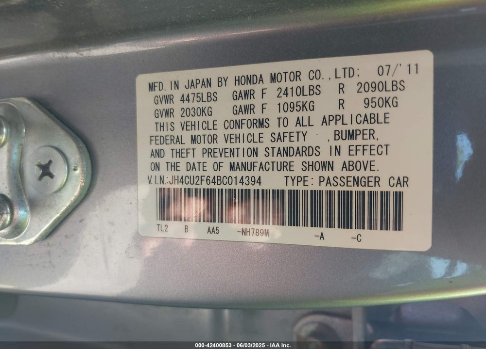 2011 ACURA TSX 2.4 VIN: JH4CU2F64BC014394
