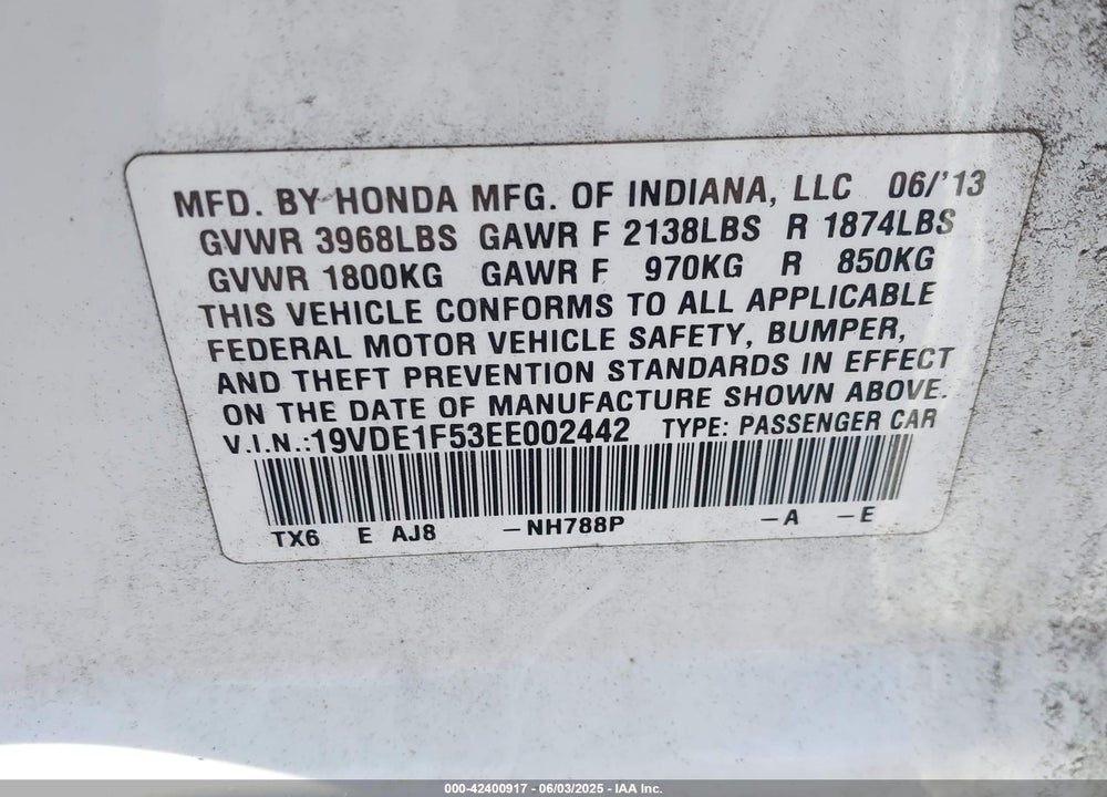 2014 ACURA ILX VIN: 19VDE1F53EE002442