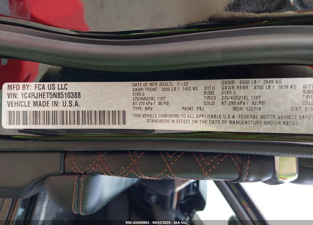 2022 JEEP GRAND CHEROKEE VIN: 1C4RJHET5N8510388