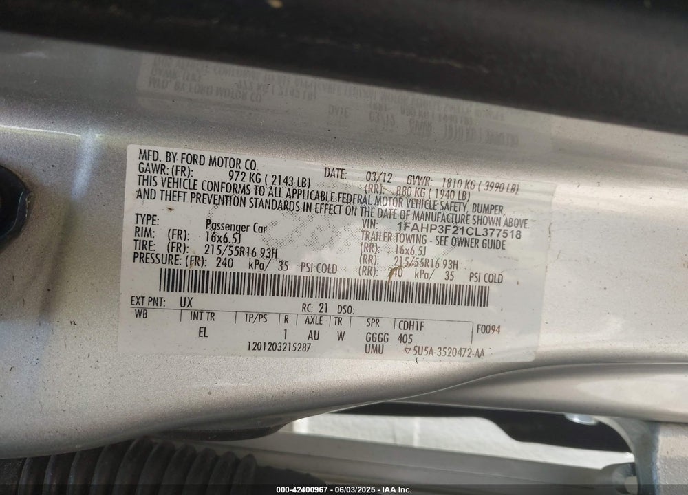 2012 FORD FOCUS VIN: 1FAHP3F21CL377518