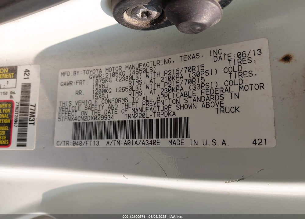 2013 TOYOTA TACOMA VIN: 5TFNX4CN2DX029934