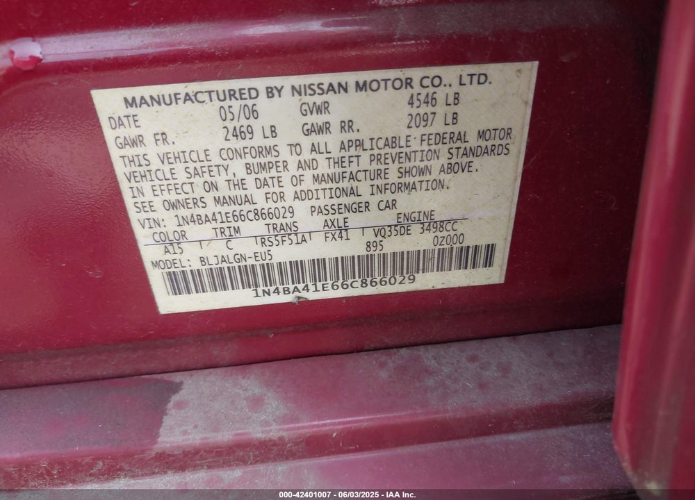2006 NISSAN MAXIMA VIN: 1N4BA41E66C866029