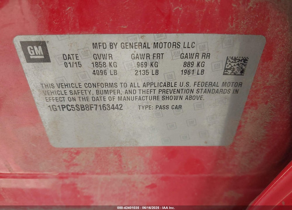 2015 CHEVROLET CRUZE VIN: 1G1PC5SB8F7163442