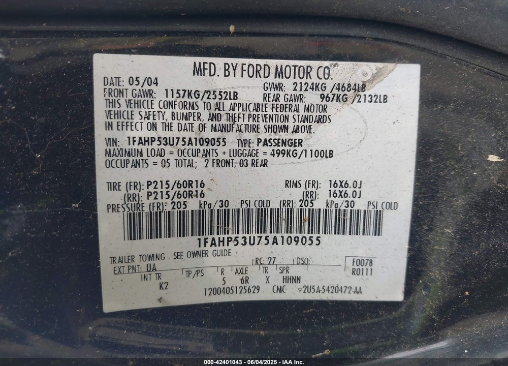 2005 FORD TAURUS VIN: 1FAHP53U75A109055