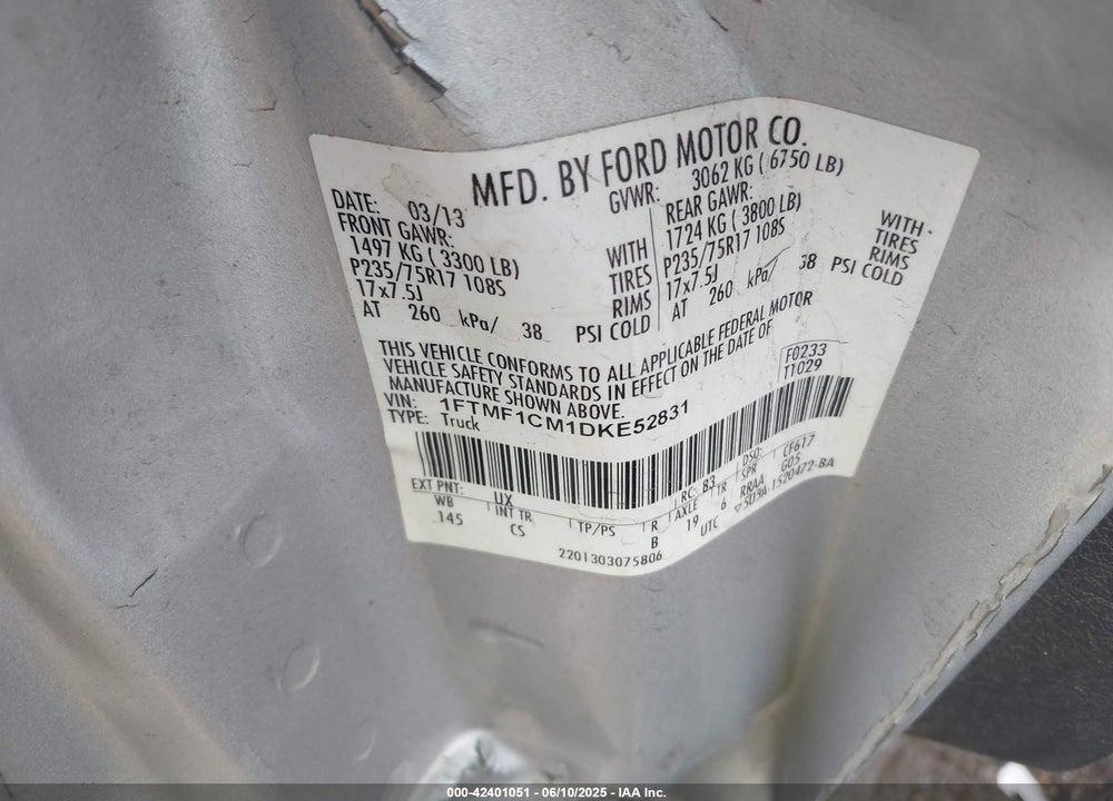 2013 FORD F-150 VIN: 1FTMF1CM1DKE52831