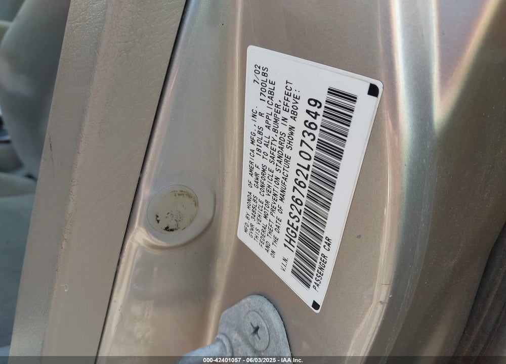 2002 HONDA CIVIC VIN: 1HGES26762L073649