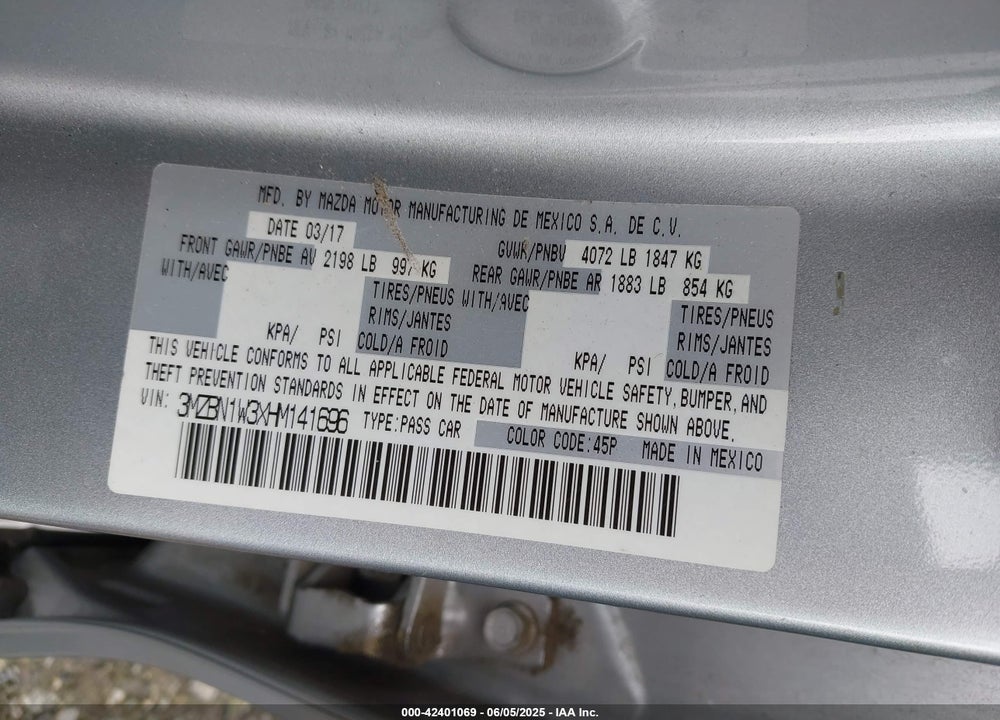 2017 MAZDA 3 VIN: 3MZBN1W3XHM141696