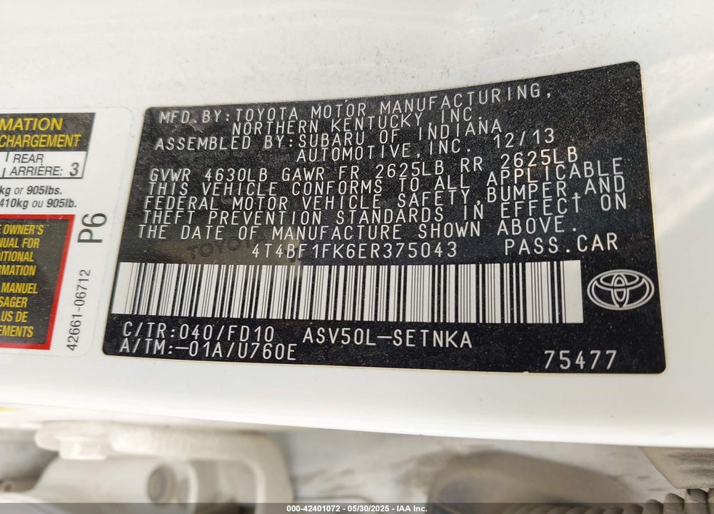 2014 TOYOTA CAMRY VIN: 4T4BF1FK6ER375043