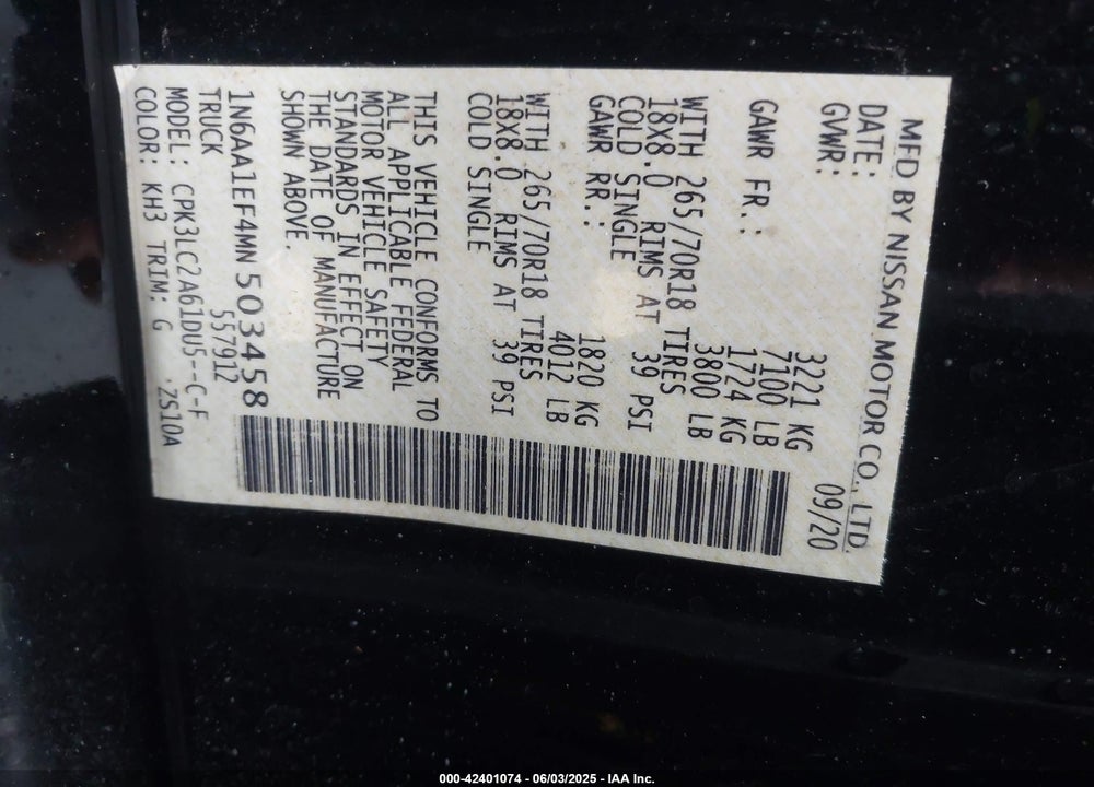 2021 NISSAN TITAN VIN: 1N6AA1EF4MN503458