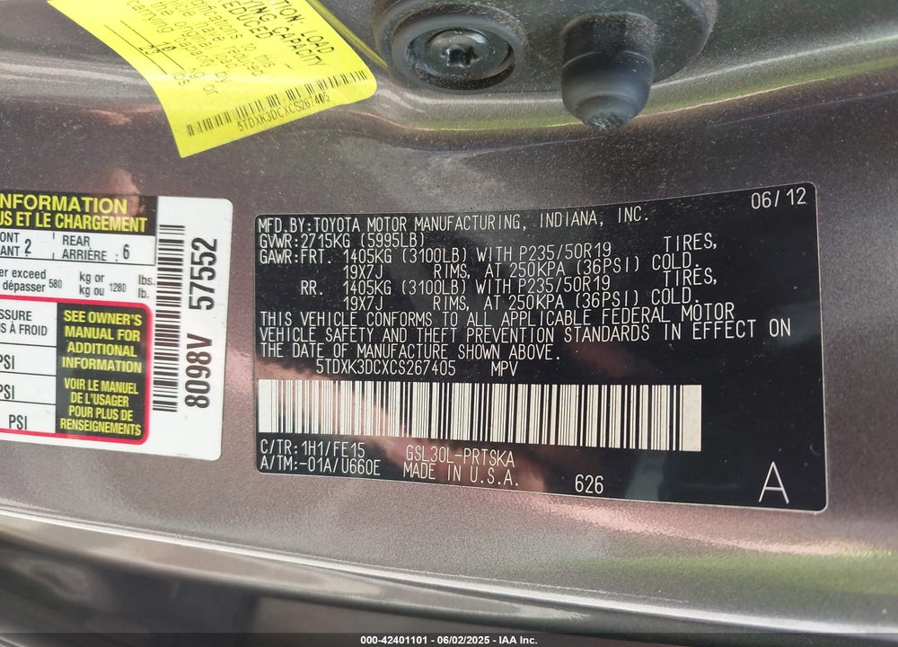 2012 TOYOTA SIENNA SE 8 PASSENGER VIN: 5TDXK3DCXCS267405