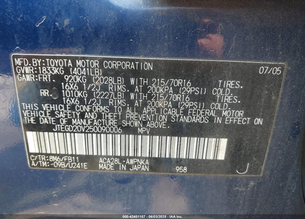 2005 TOYOTA RAV4 VIN: JTEGD20V250090006