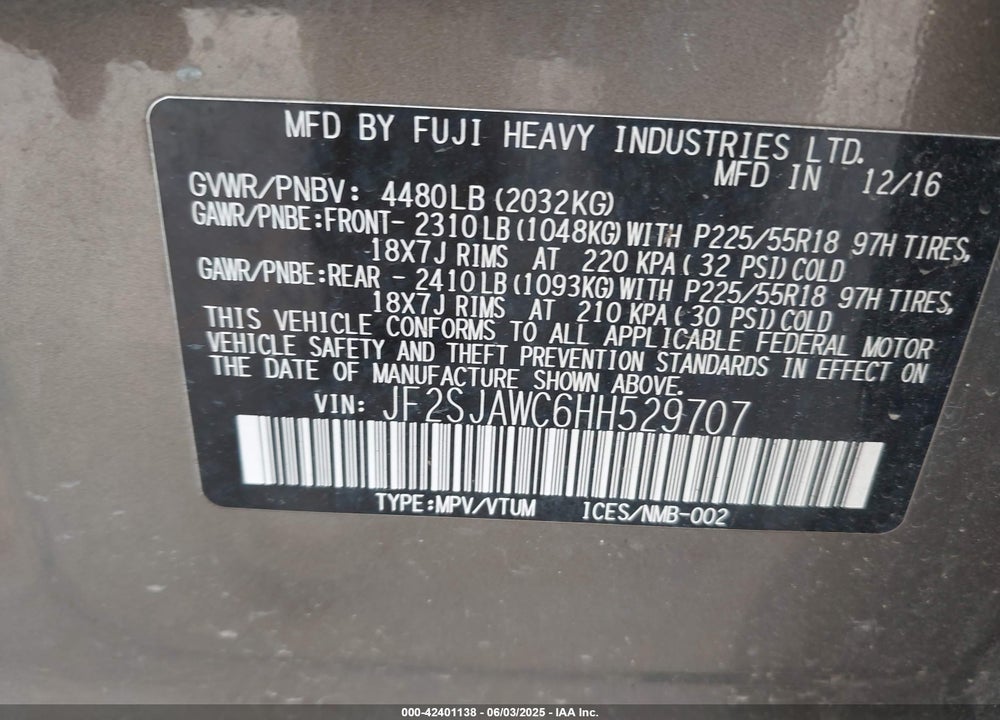 2017 SUBARU FORESTER VIN: JF2SJAWC6HH529707