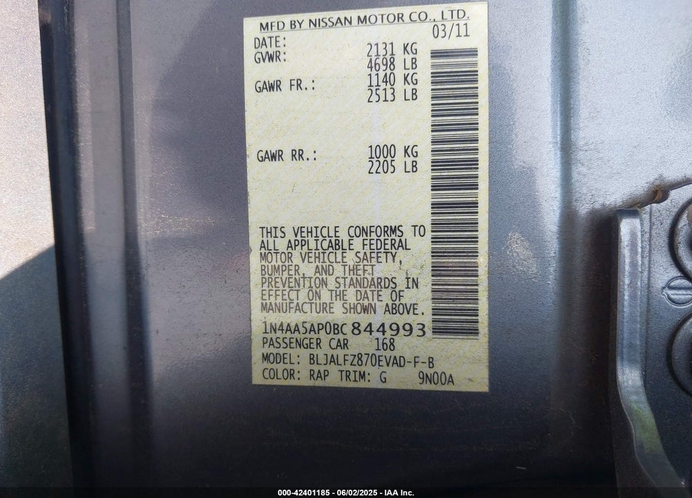 2011 NISSAN MAXIMA VIN: 1N4AA5AP0BC844993