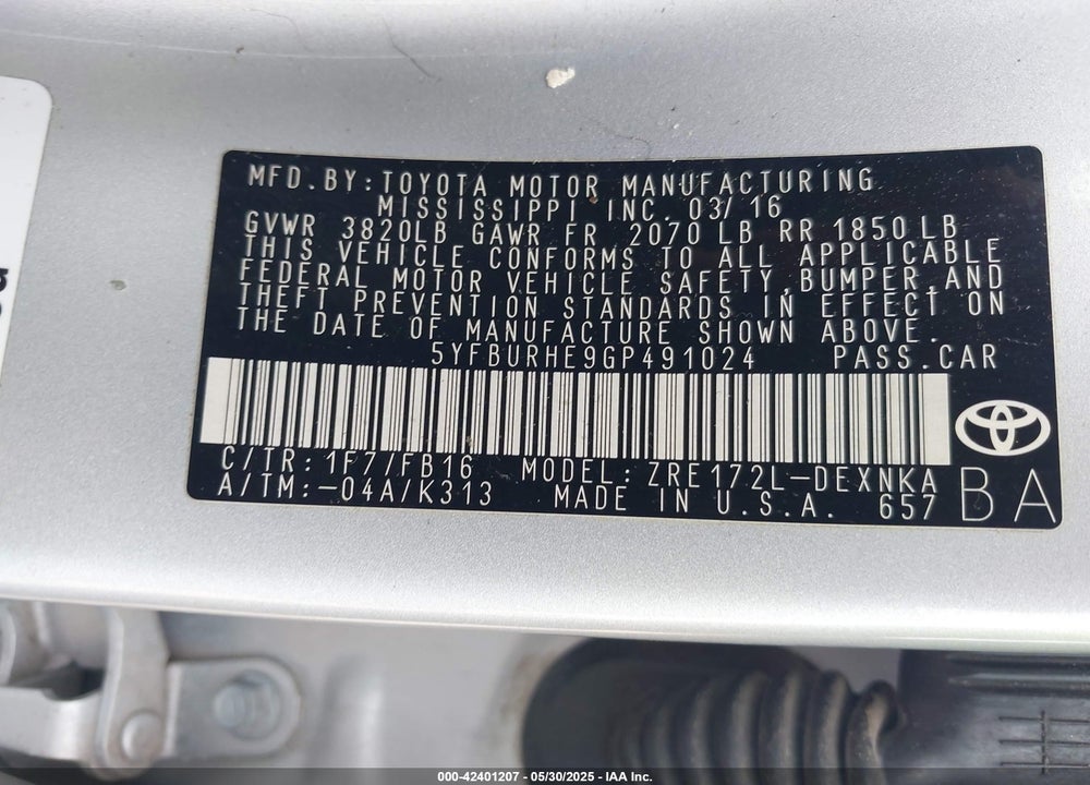 2016 TOYOTA COROLLA LE VIN: 5YFBURHE9GP491024