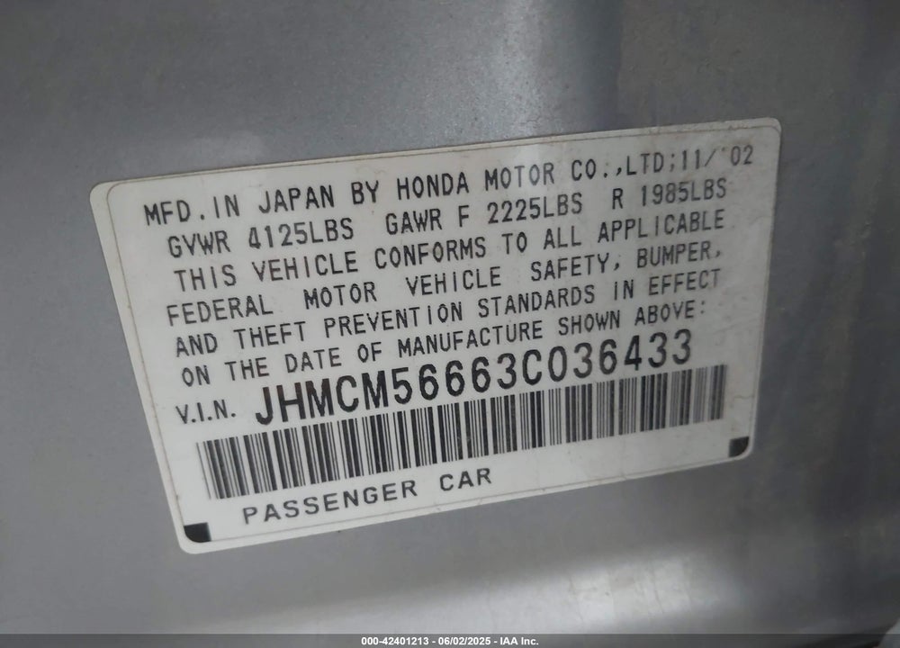2003 HONDA ACCORD 2.4 EX VIN: JHMCM56663C036433