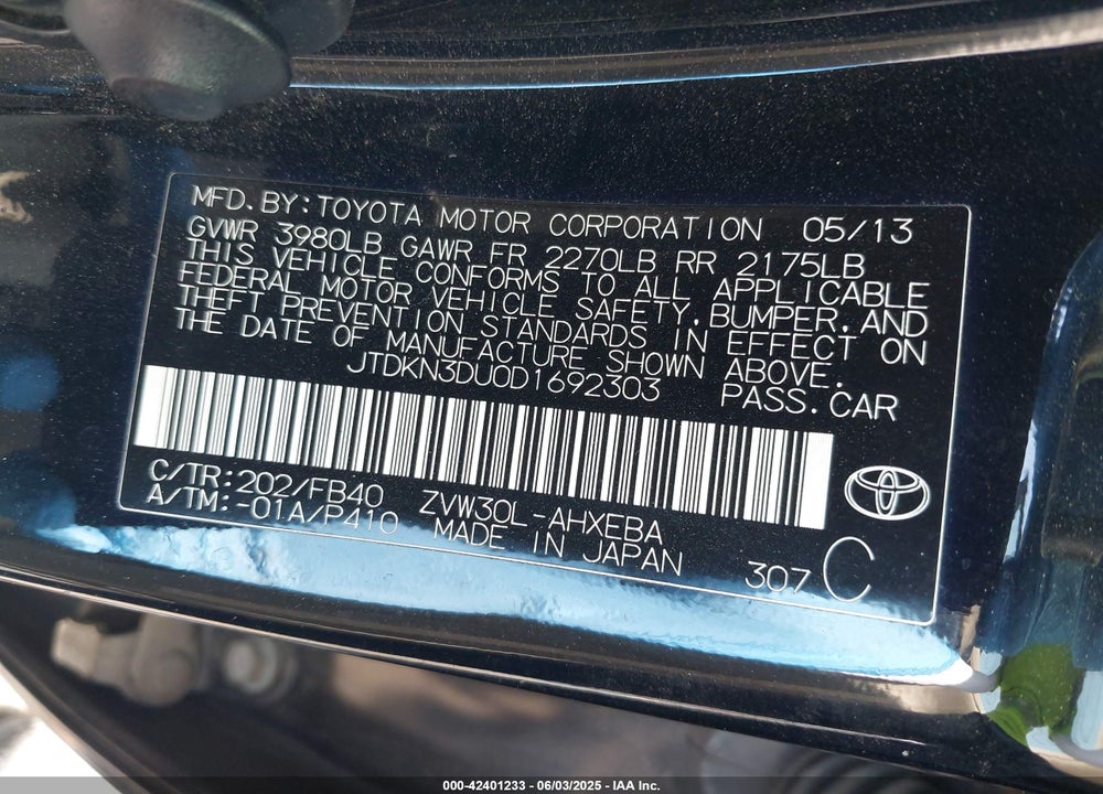 2013 TOYOTA PRIUS VIN: JTDKN3DU0D1692303