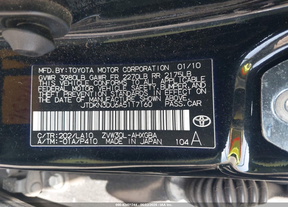 2010 TOYOTA PRIUS I/II/III/IV/V VIN: JTDKN3DU6A5117160