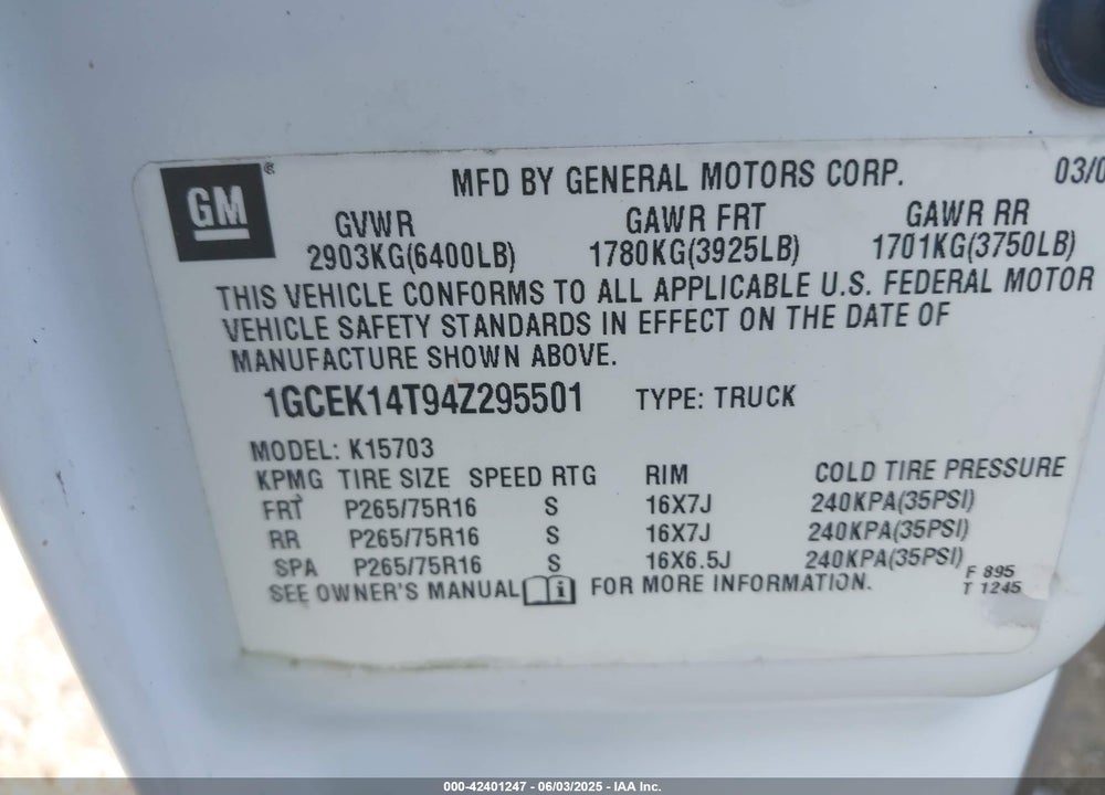 2004 CHEVROLET SILVERADO 1500 LS VIN: 1GCEK14T94Z295501