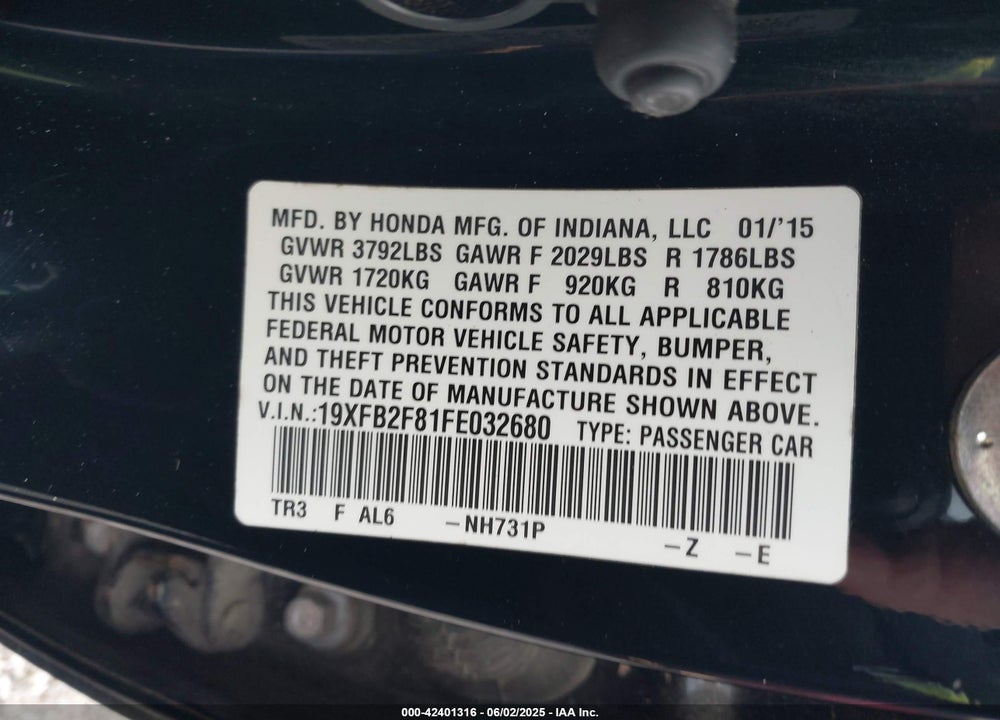 2015 HONDA CIVIC VIN: 19XFB2F81FE032680